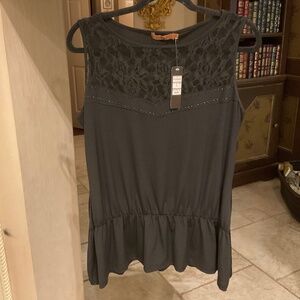 NEW WITH TAGS Belldini Black Sleeveless Blouson Tank Top Rhinestones Lace Large